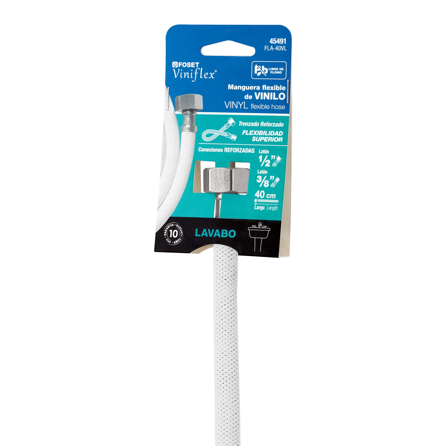 Manguera para lavabo o fregadero de 40 cm con vinilo blanco trenzado y tuercas metálicas