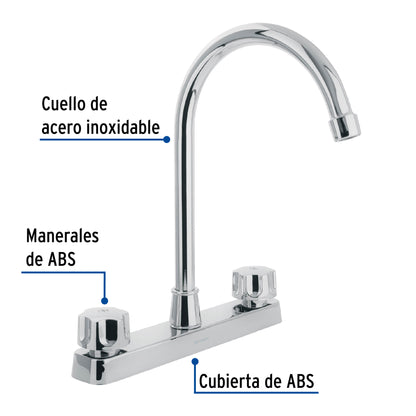 Mezcladora de 8" para fregadero con cuello curvo y manerales hexagonales