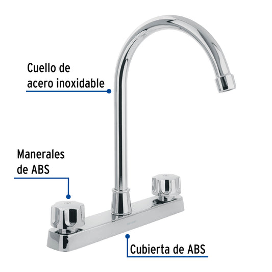 Mezcladora de 8" para fregadero con cuello curvo y manerales hexagonales