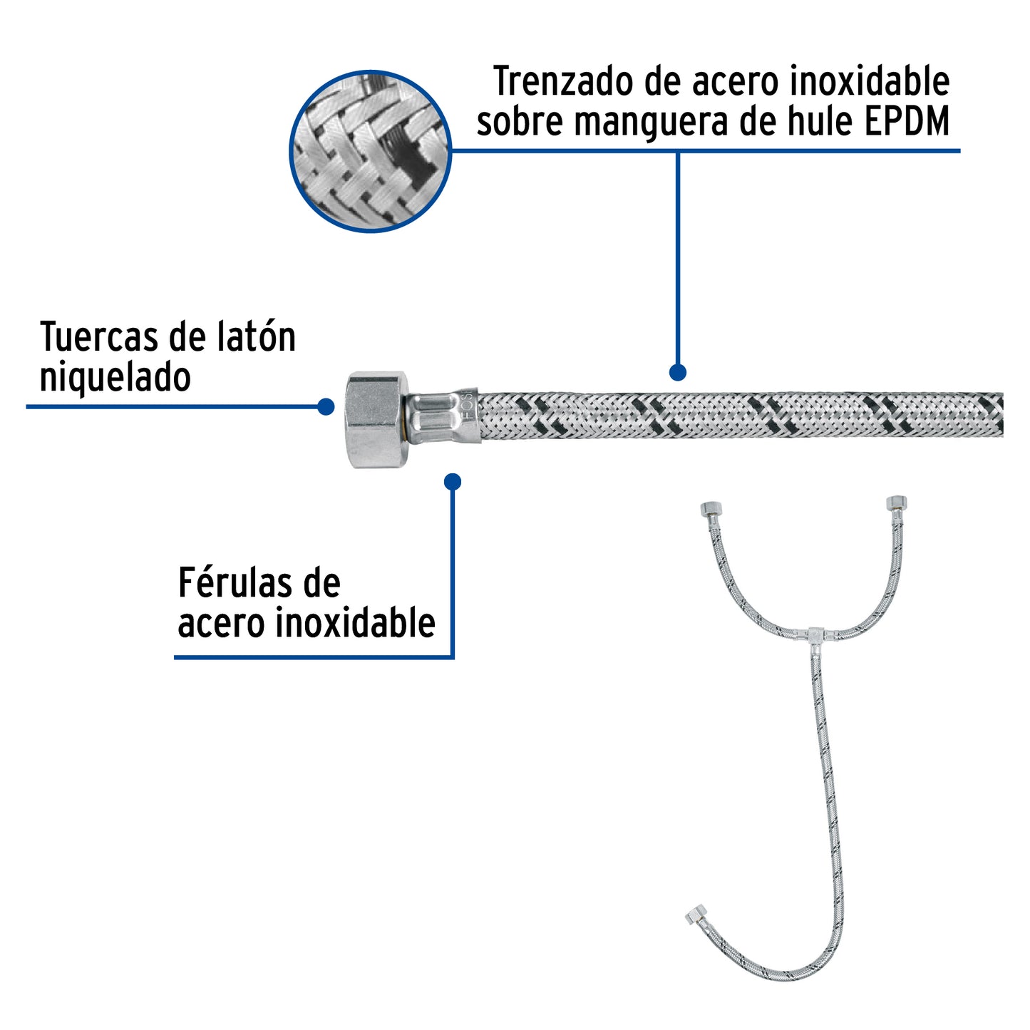 Manguera tipo T para lavabo o fregadero de 55 cm con trenzado de acero inoxidable