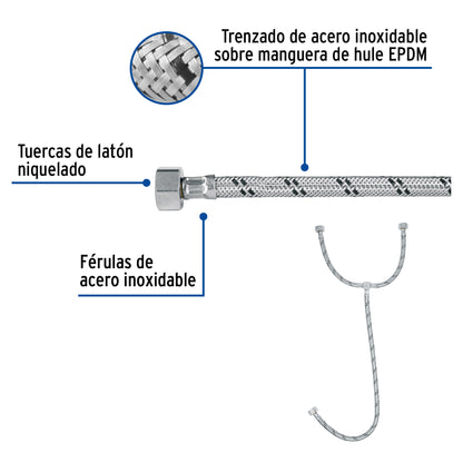 Manguera tipo T para lavabo o fregadero de 55 cm con trenzado de acero inoxidable