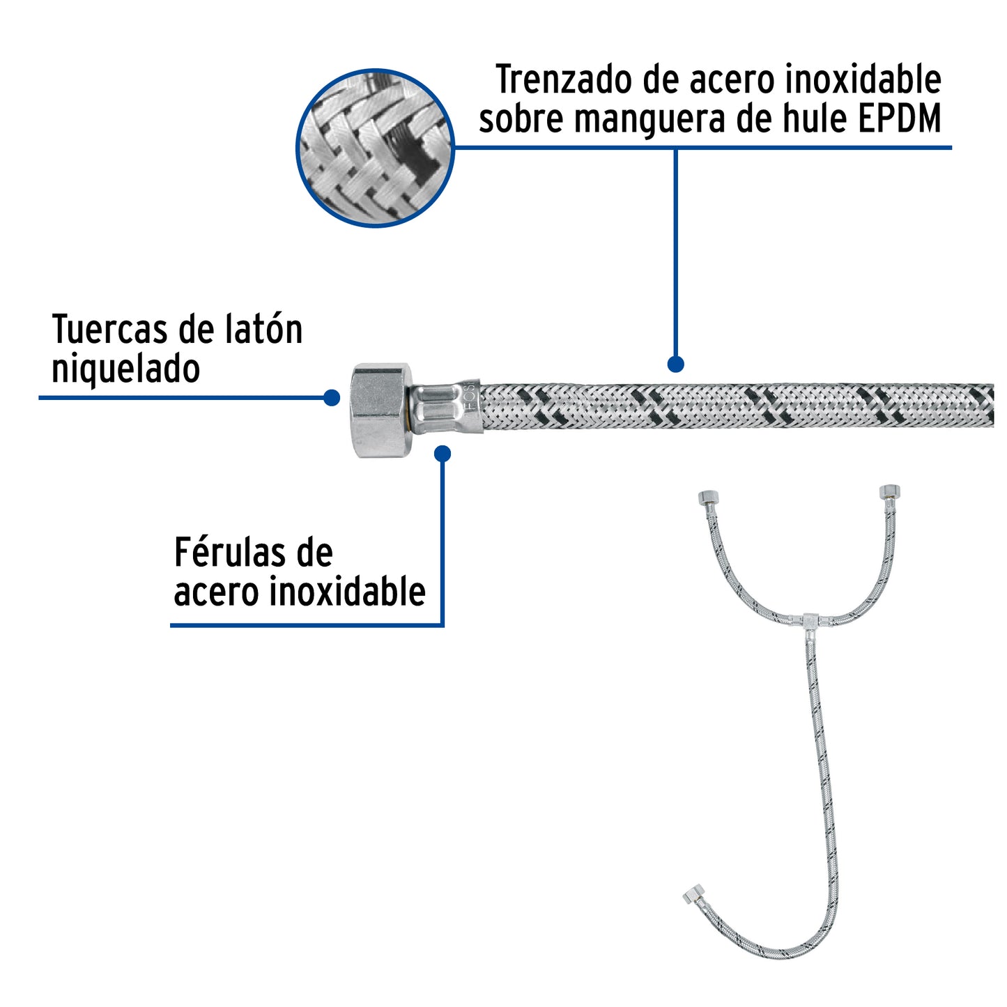 Manguera tipo T para lavabo o fregadero de 55 cm con tuercas de 1/2" y trenzado de acero inoxidable