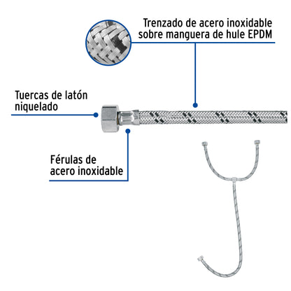 Manguera tipo T para lavabo o fregadero de 55 cm con tuercas de 1/2" y trenzado de acero inoxidable