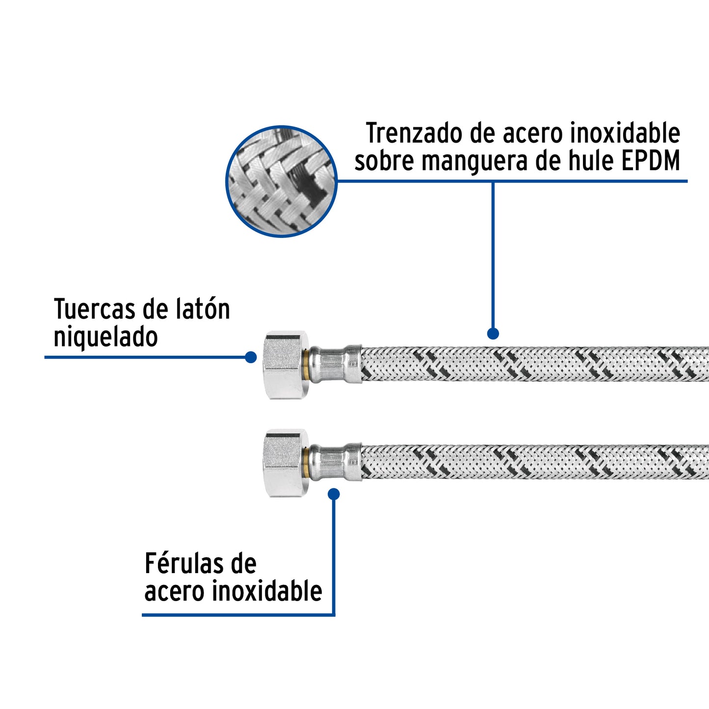 Manguera para WC de 40 cm con trenzado de acero inoxidable y tuercas metálicas