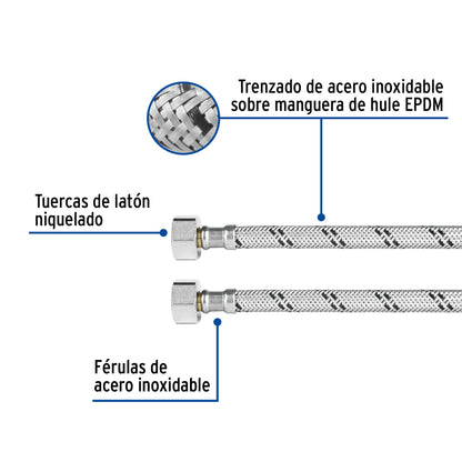 Manguera para WC de 40 cm con trenzado de acero inoxidable y tuercas metálicas