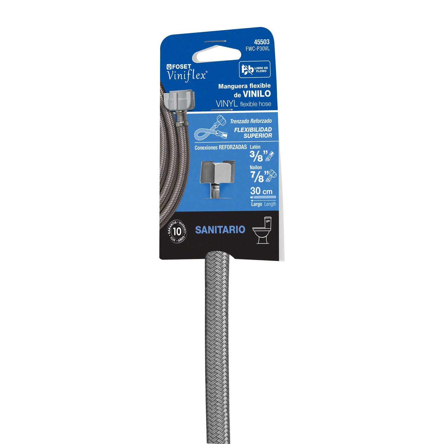 Manguera para WC de 30 cm con trenzado de vinilo gris y tuerca plástica