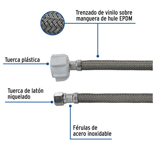 Manguera para WC de 30 cm con trenzado de vinilo gris y tuerca plástica