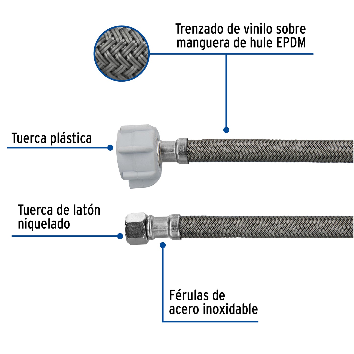 Manguera para WC de 40 cm con trenzado de vinilo gris y tuerca plástica