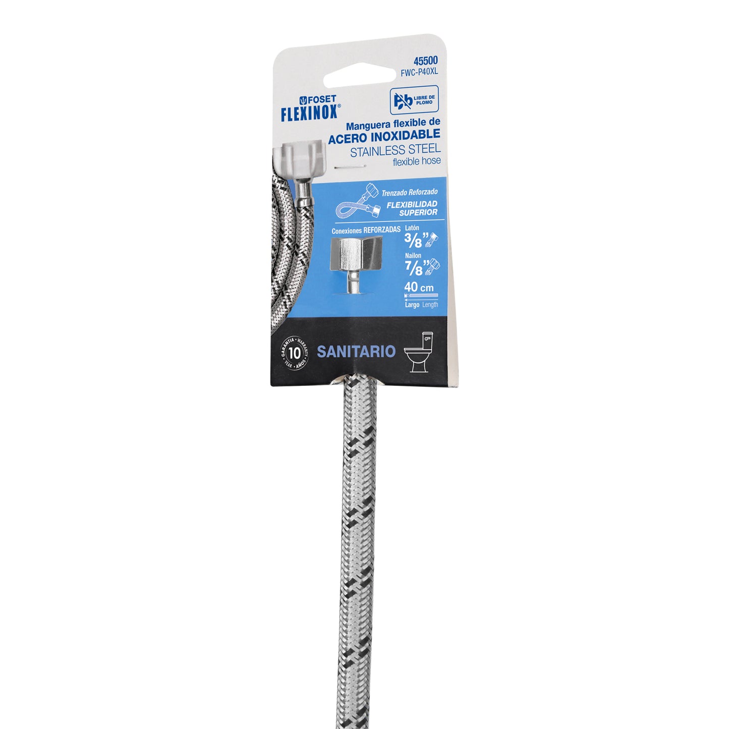 Manguera para WC de 40 cm con trenzado de acero inoxidable y tuerca plástica