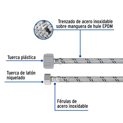 Manguera para WC de 40 cm con trenzado de acero inoxidable y tuerca plástica