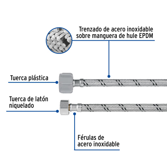 Manguera para WC de 40 cm con trenzado de acero inoxidable y tuerca plástica