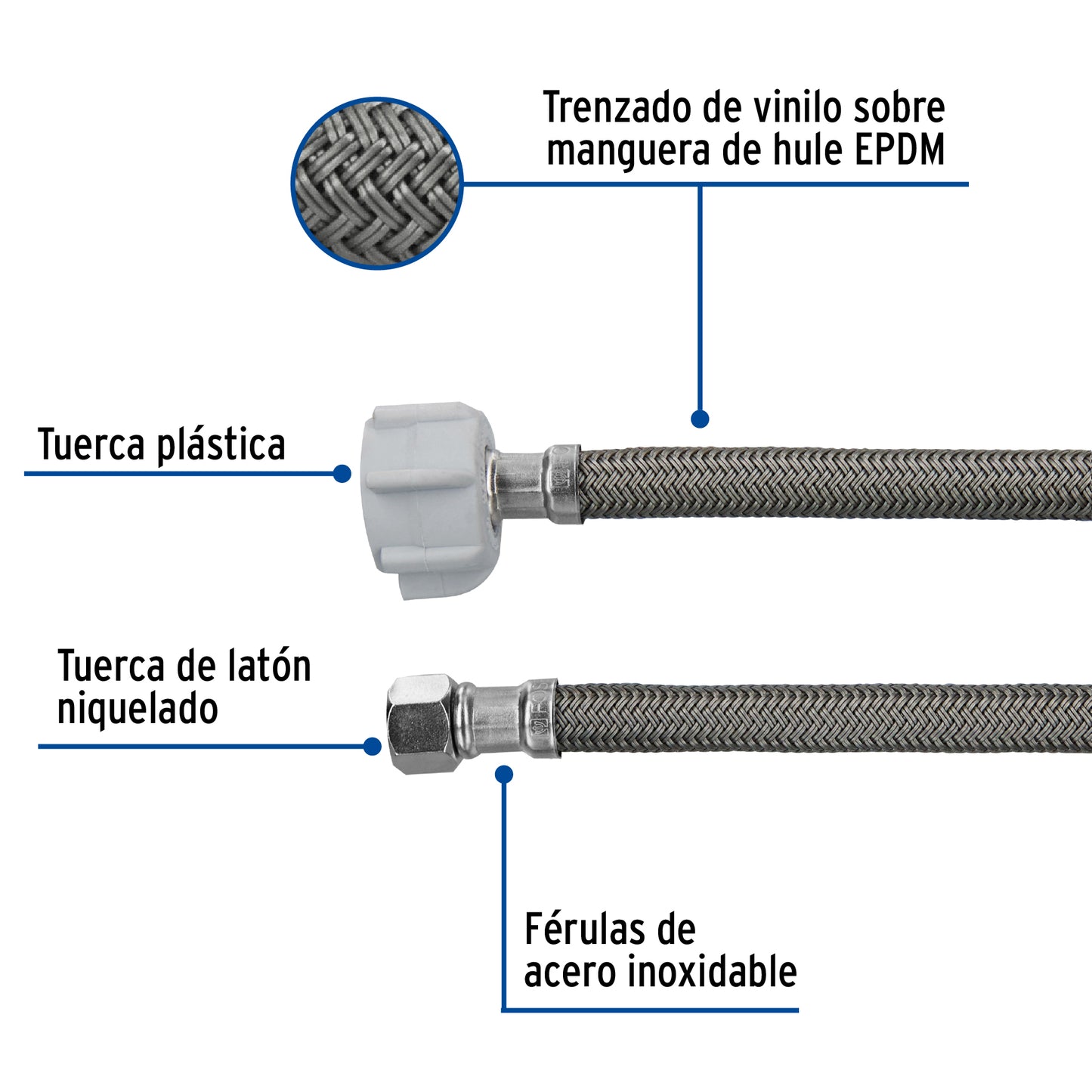 Manguera para WC de 50 cm con trenzado de vinilo gris y tuerca plástica