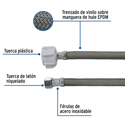 Manguera para WC de 50 cm con trenzado de vinilo gris y tuerca plástica