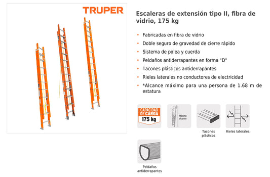 Escalera de extensión de 28 peldaños Tipo II fabricada en fibra de vidrio
