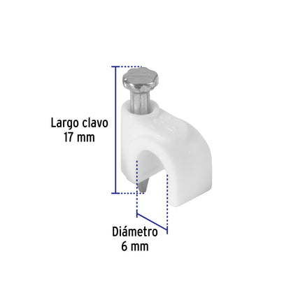 Bolsa con 20 grapas blancas de 6 mm para cable redondo