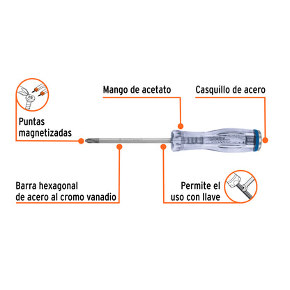 Desarmador de cruz de golpe de PH2 x 4 con barra hexagonal