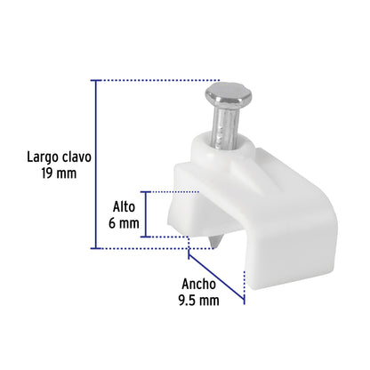 Bolsa con 20 grapas blancas de 6 × 9.5 mm para cable plano