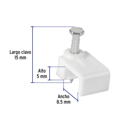 Bolsa con 20 grapas blancas de 5 × 8.5 mm para cable plano