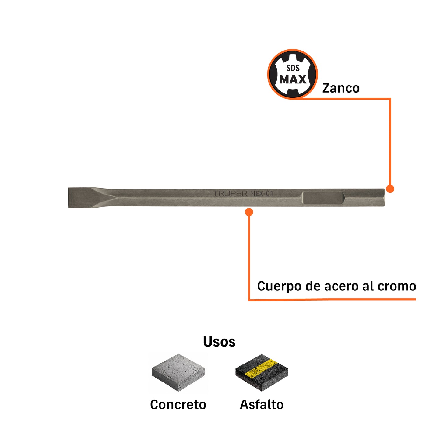 Cincel plano zanco hexagonal de 1-3/8 pulg 20 pulg - SKU 101231