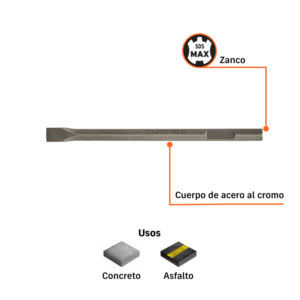 Cincel plano zanco hexagonal de 1-3/8 pulg 20 pulg - SKU 101231