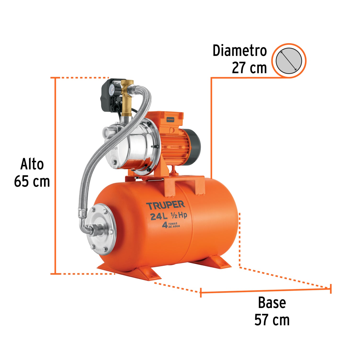 Equipo hidroneumático de 24 litros jet inoxidable de 1/2 HP