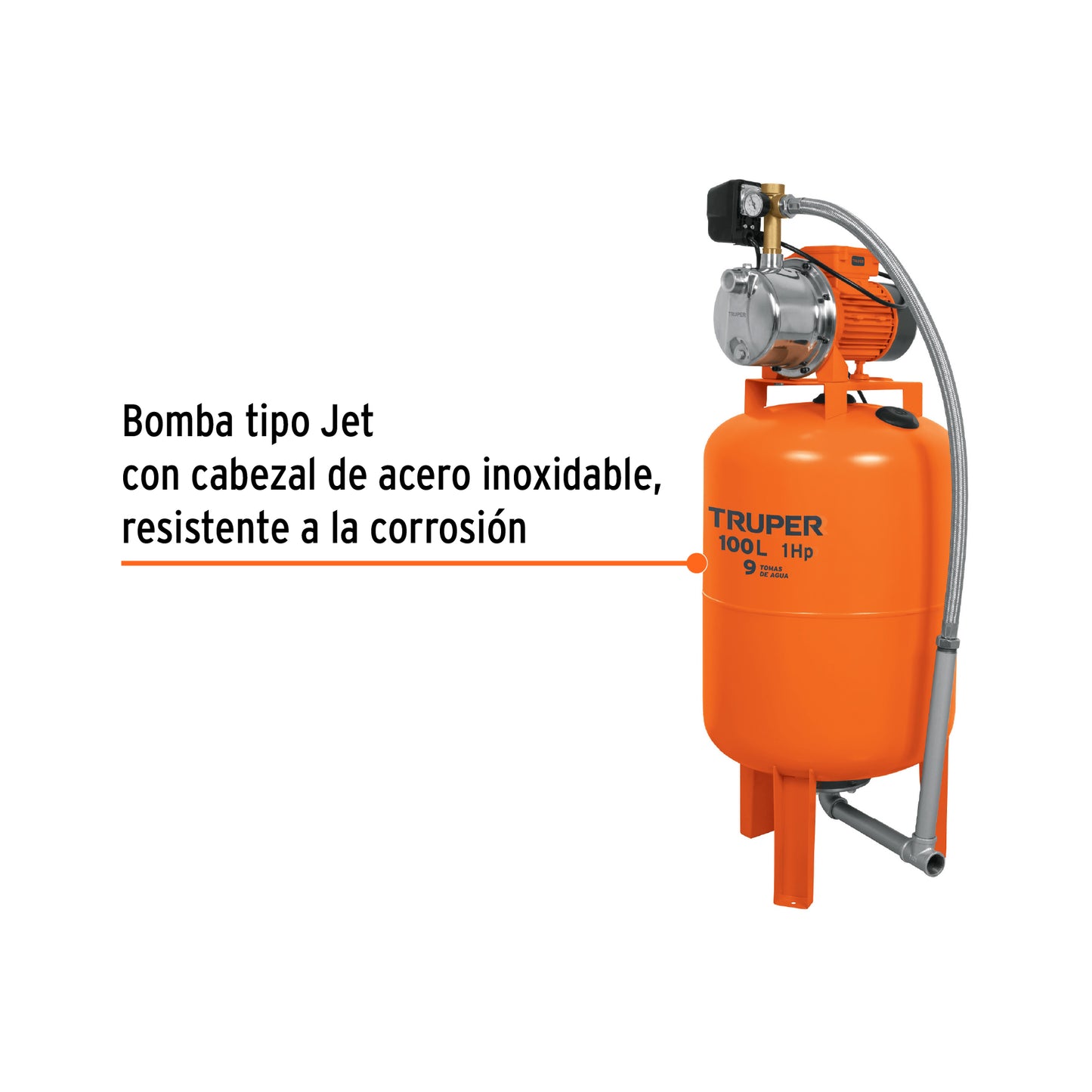 Equipo hidroneumático de 100 litros jet inoxidable de 1 HP