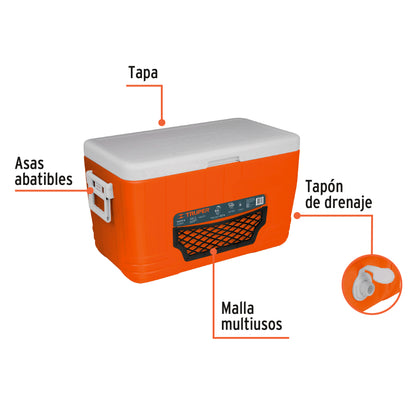 Hielera de 46 L con malla multiusos y tapón de drenaje lateral