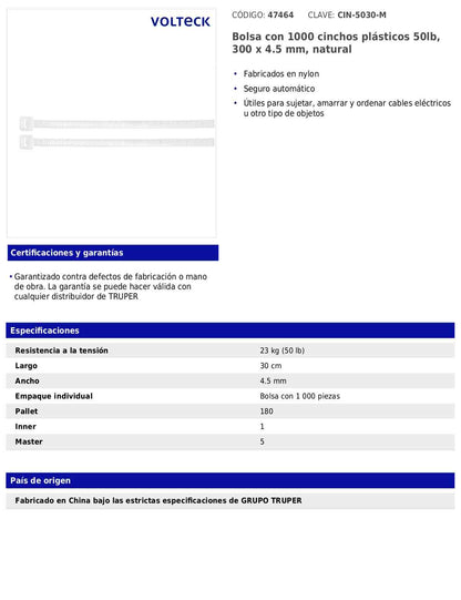 Bolsa con 1000 cinchos plásticos 50 lb 300 x 4.5 mm natural