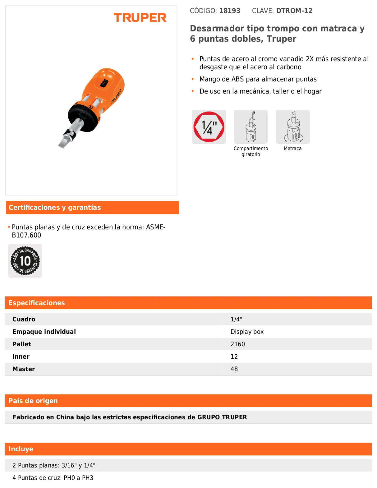 Desarmador tipo trompo con matraca y 6 puntas dobles
