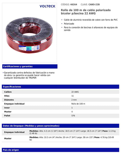 Rollo de 100 m de cable polarizado bicolor para bocina 22 AWG