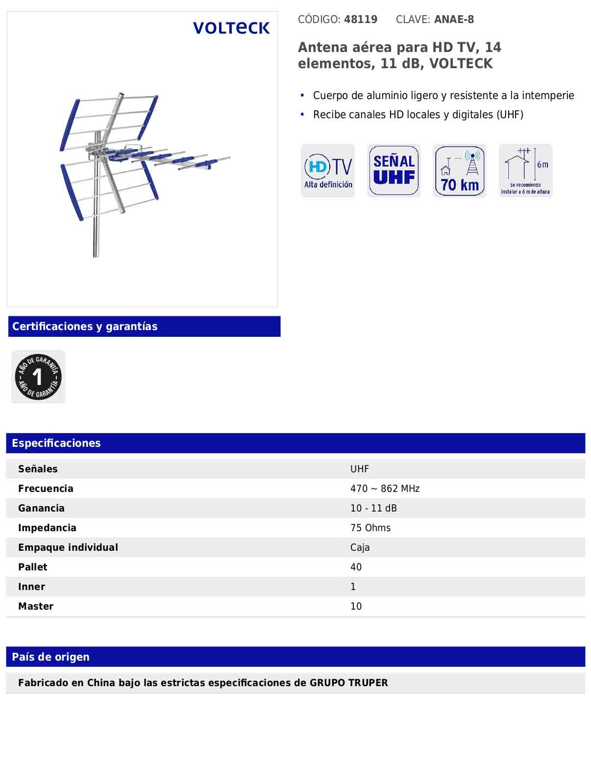Antena aérea para HD TV de 14 elementos y 11 dB