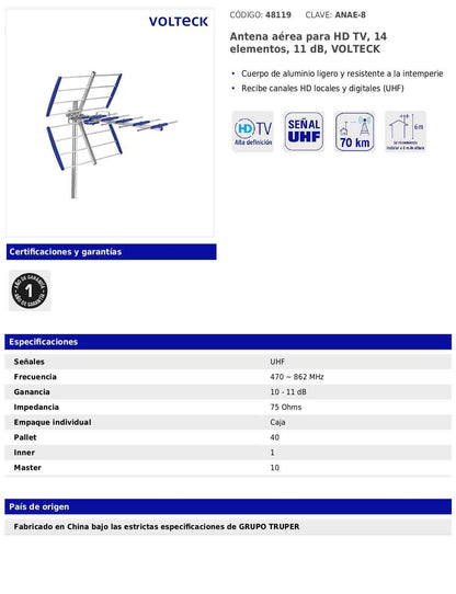 Antena aérea para HD TV de 14 elementos y 11 dB