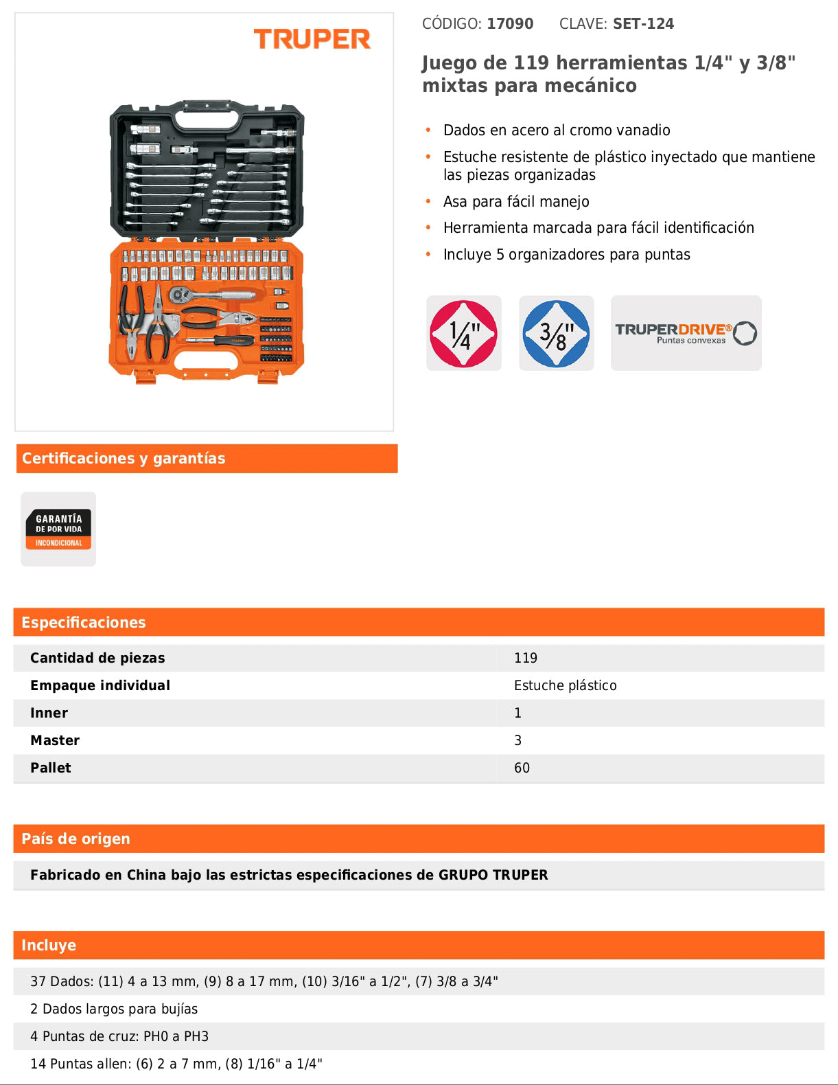 Juego de 119 herramientas mecánicas 1/4 y 3/8 mixtas