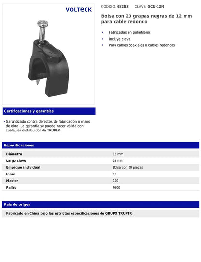 Bolsa con 20 grapas negras de 12 mm para cable redondo