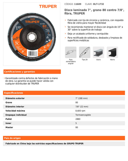 Disco laminado de 7" grano 80 con centro 7/8"