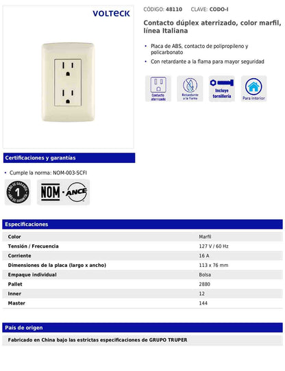 Contacto dúplex aterrizado de 127 V y 16 A con placa marfil