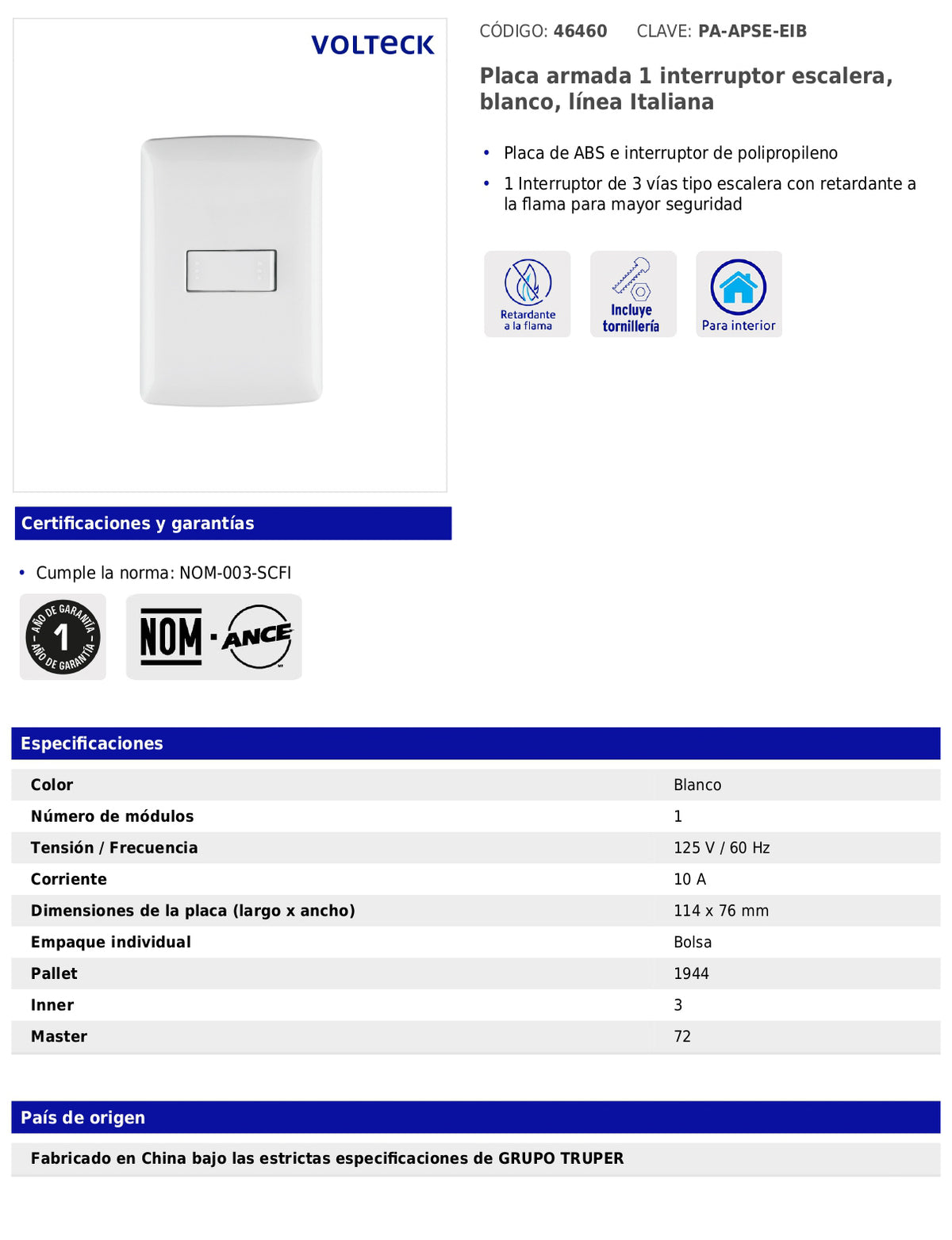 Placa armada con interruptor escalera para línea Italiana