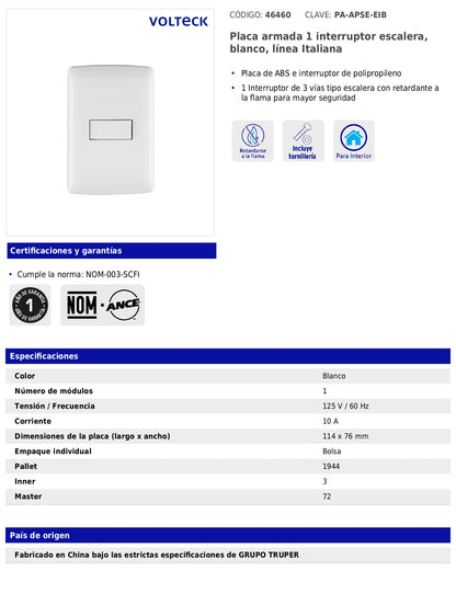 Placa armada con interruptor escalera para línea Italiana