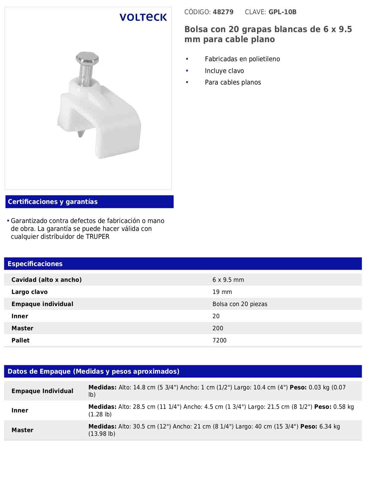 Bolsa con 20 grapas blancas de 6 × 9.5 mm para cable plano