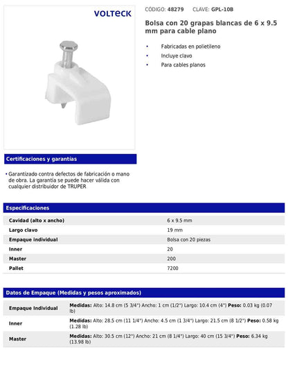 Bolsa con 20 grapas blancas de 6 × 9.5 mm para cable plano