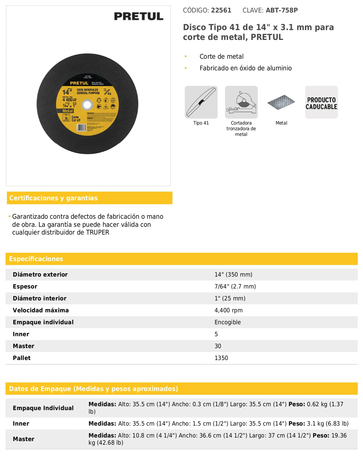 Disco tipo 41 de 14" para corte de metal con espesor 2.7 mm