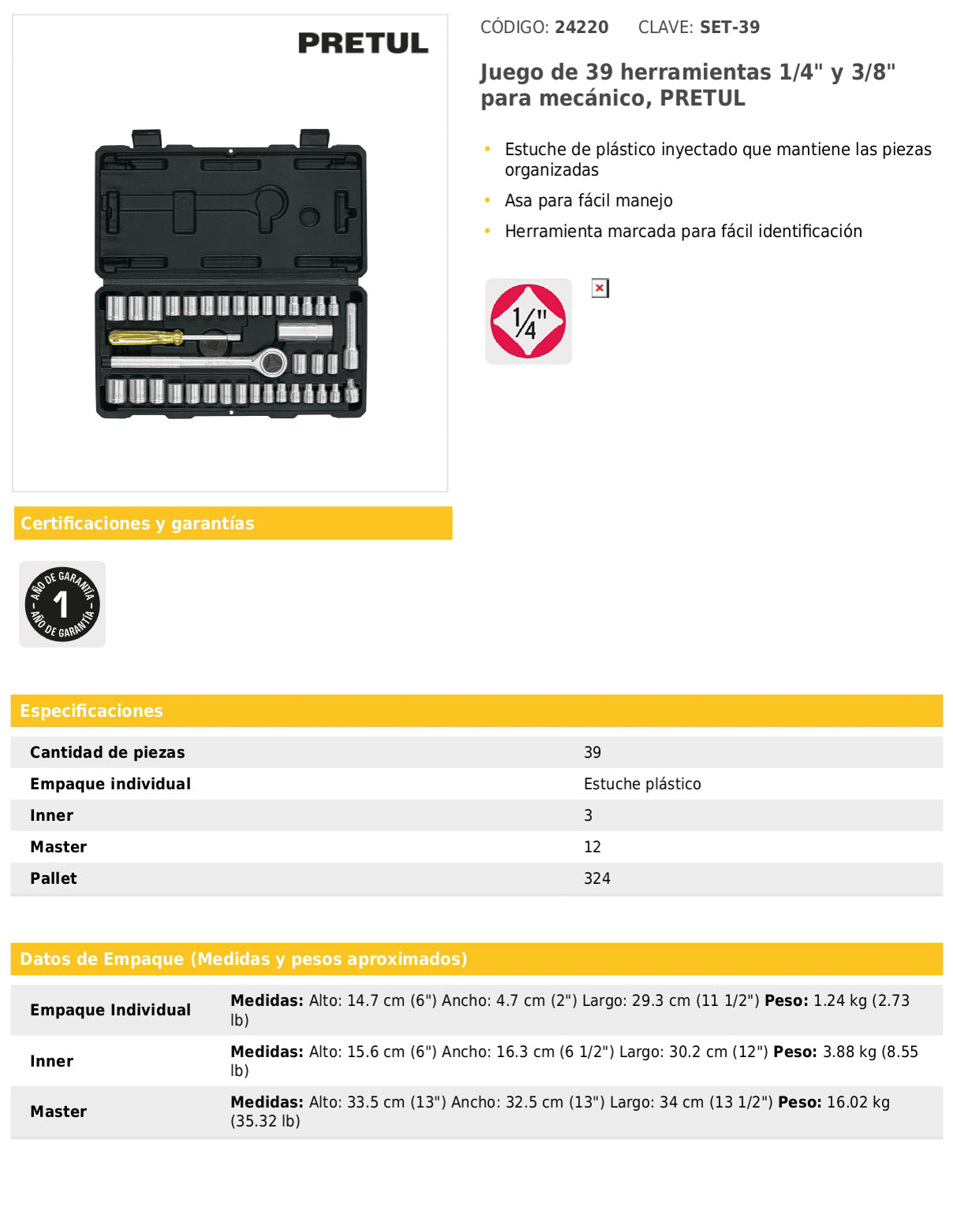Juego de 39 herramientas mecánicas 1/4 y 3/8 en estuche plástico