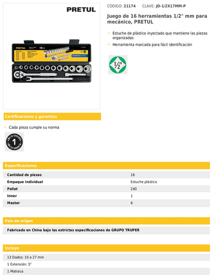 Juego de 16 herramientas mecánicas cuadro 1/2 en milimétrico con estuche plástico