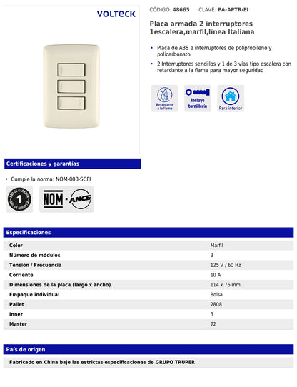 Placa armada con 2 interruptores sencillos y 1 interruptor de escalera de 125 V y 10 A con placa marfil