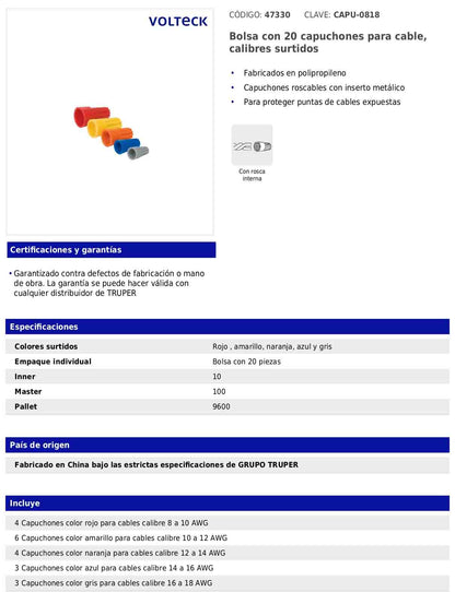 Bolsa con 20 capuchones para cable de calibres surtidos