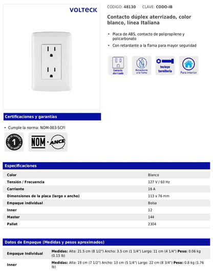 Contacto dúplex aterrizado de 127 V y 16 A con placa blanca
