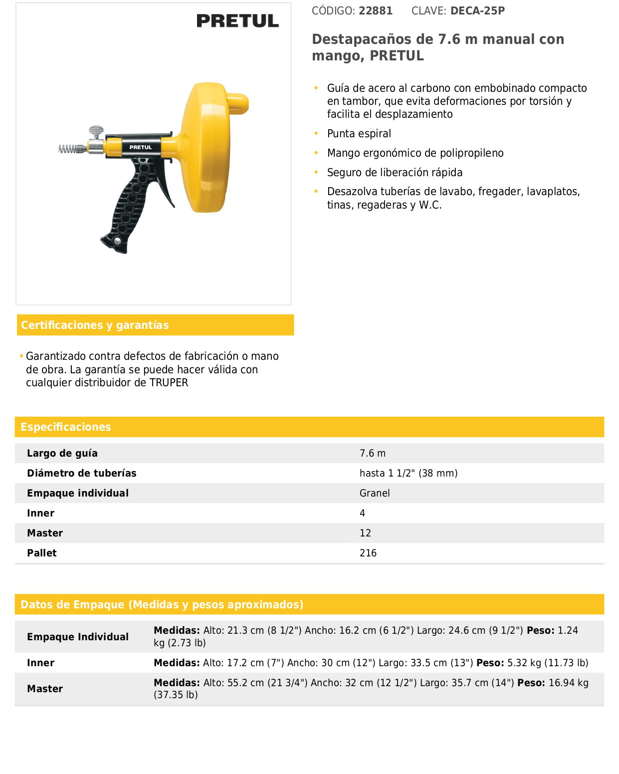 Destapacaños manual de 7.6 m con mango