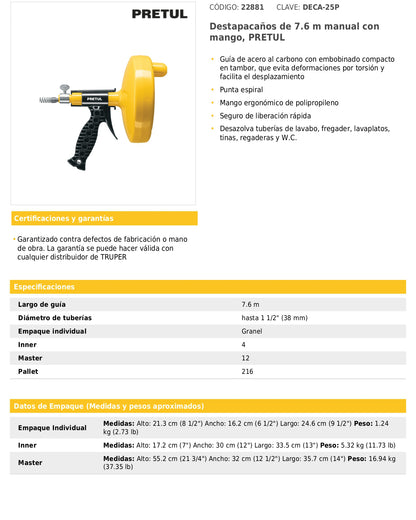 Destapacaños manual de 7.6 m con mango