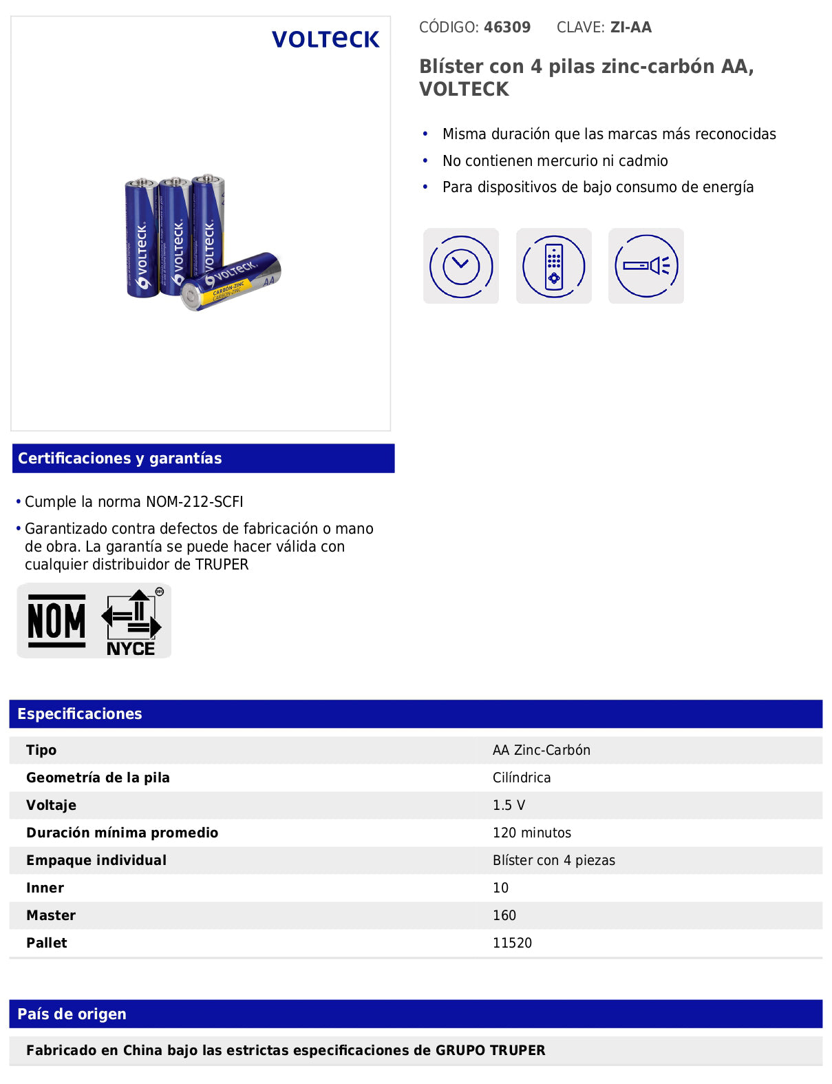 Blíster con 4 pilas zinc-carbón AA