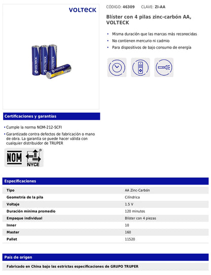 Blíster con 4 pilas zinc-carbón AA